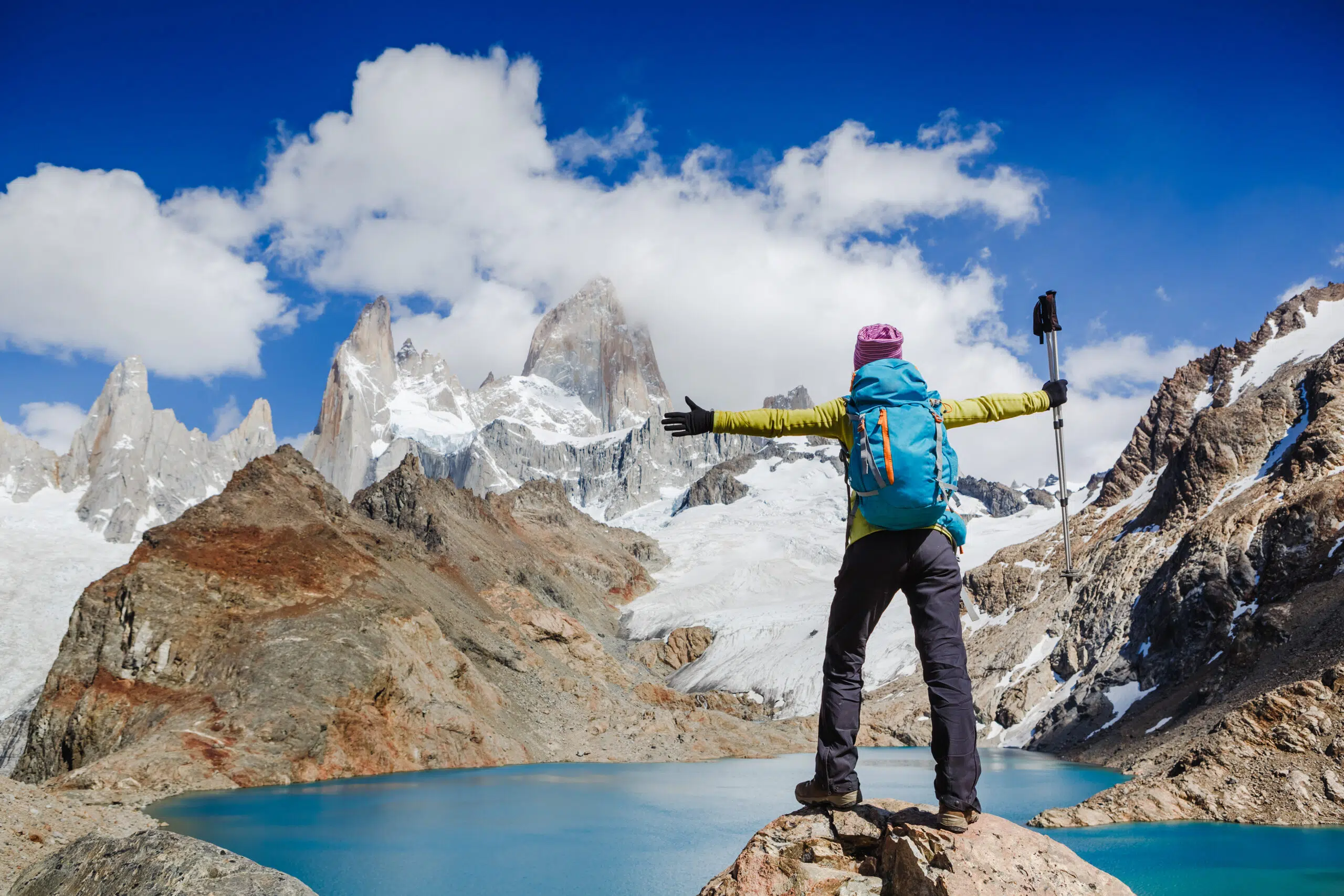 Advanture traveler enjoy the view of Fitz Roy Mountain, Patagonia, Argentina. Mountaineering sport lifestyle concept
