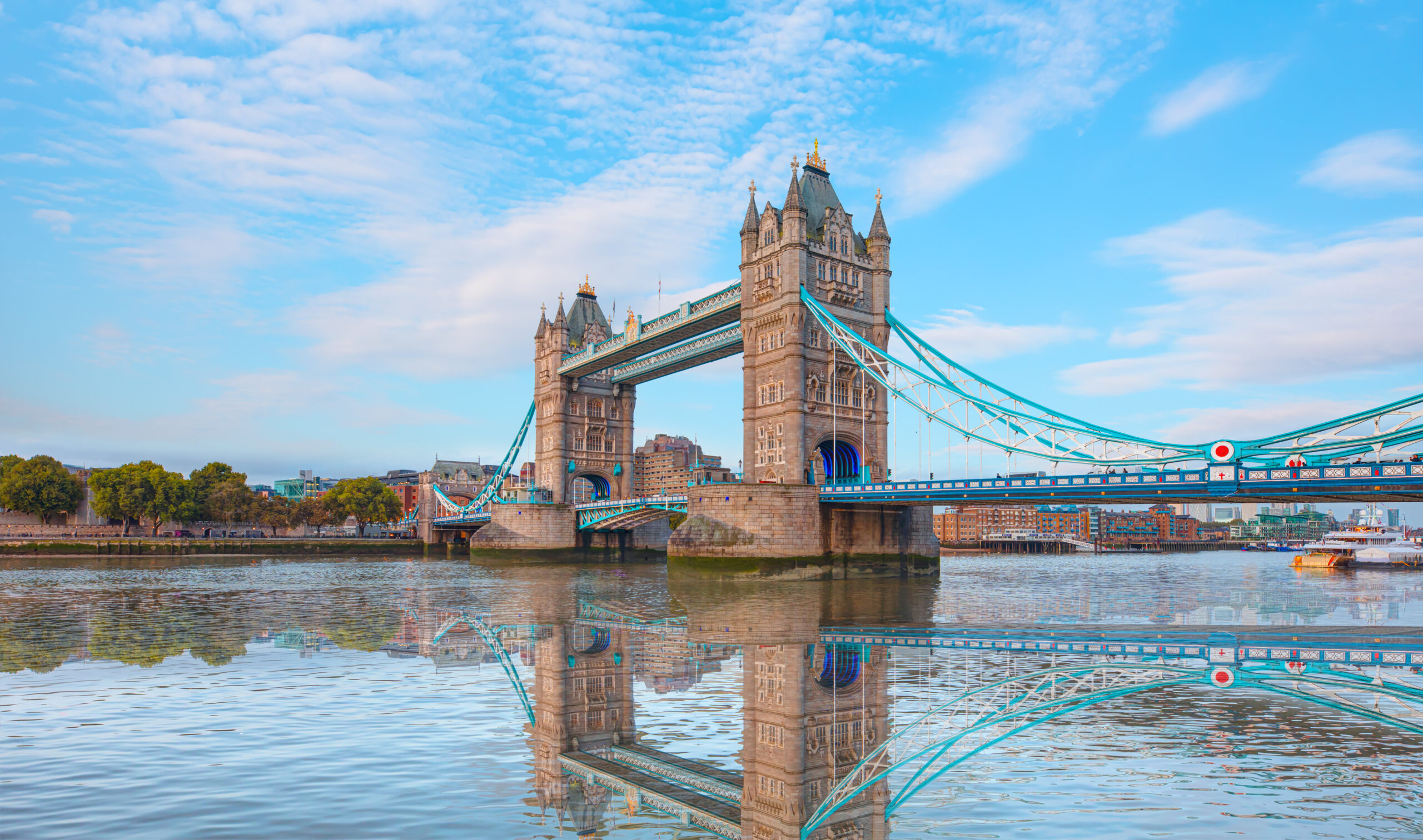 Panorama of the Tower Bridge, Tower of London on Thames river -