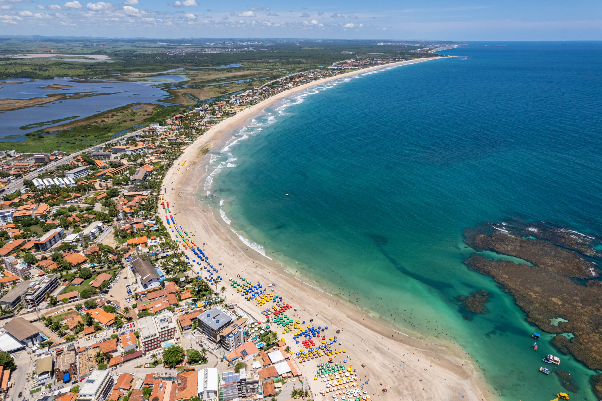 Aerial view of Porto de Galinhas beaches, Pernambuco, Brazil. Natural pools. Fantastic vacation travel. Great beach scene.